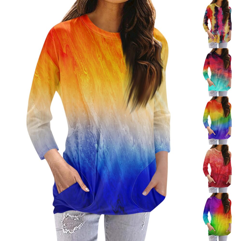 Women's Fashion Casual Round Neck Print 3/4 Sleeve Pocket T-Shirt Top S