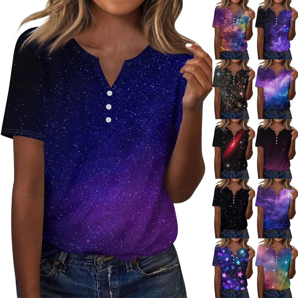 Women's Fashion Casual Hem Split Star Print Short Sleeve Top L czarny