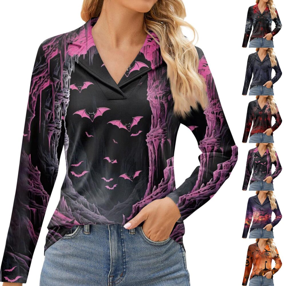 Women's Fashion Leisure Long Sleeve V Neck Halloween Printing Top XXXL kolor szary