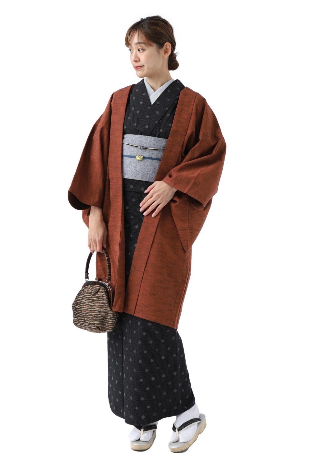 Kurume Ori Haori Made in Japan Stylish Cute Kimono Washable M Brick [ROCCA] Women's