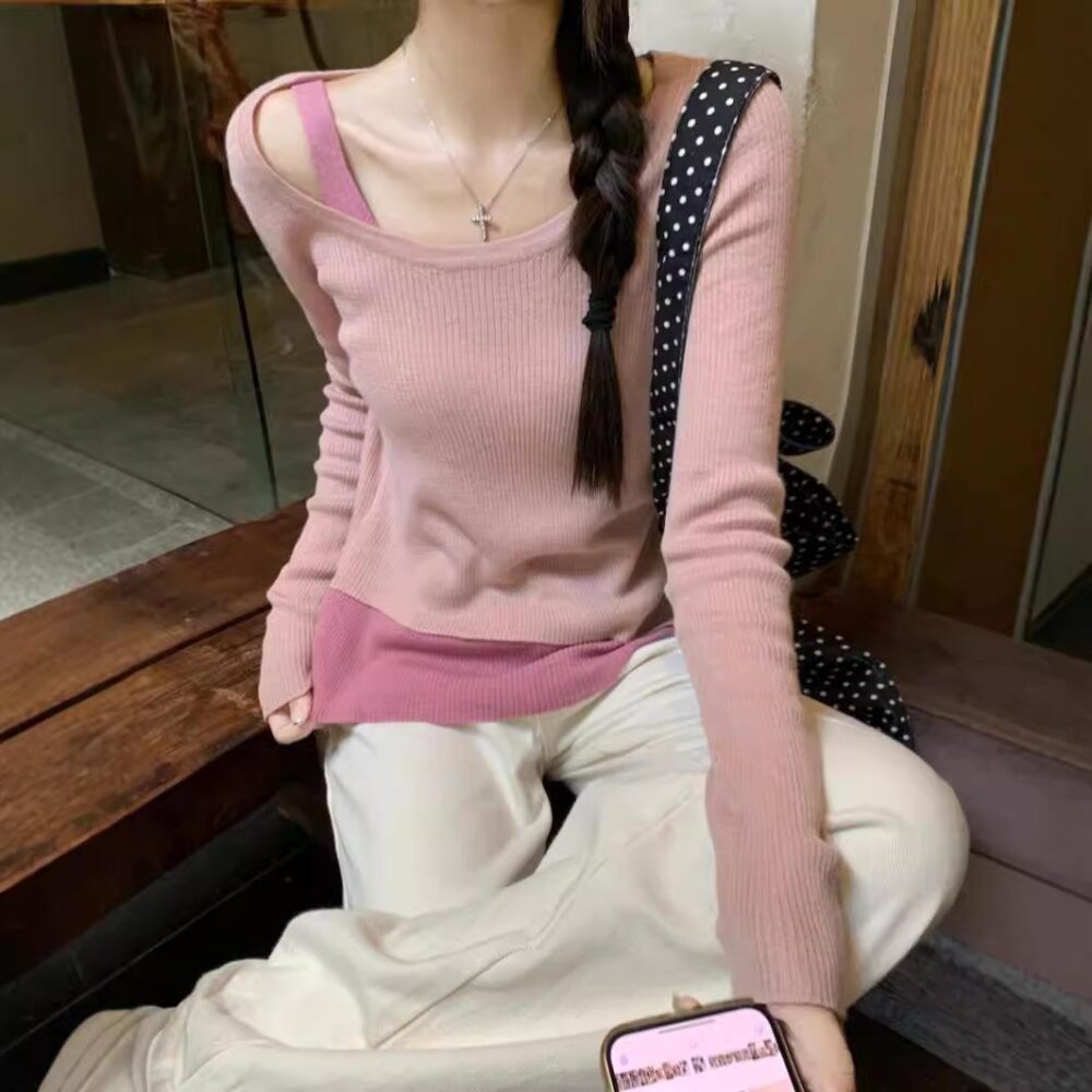 Women's Autumn and Winter Strapless Pullover Knitted Irregular Sweater one size fits all różowy