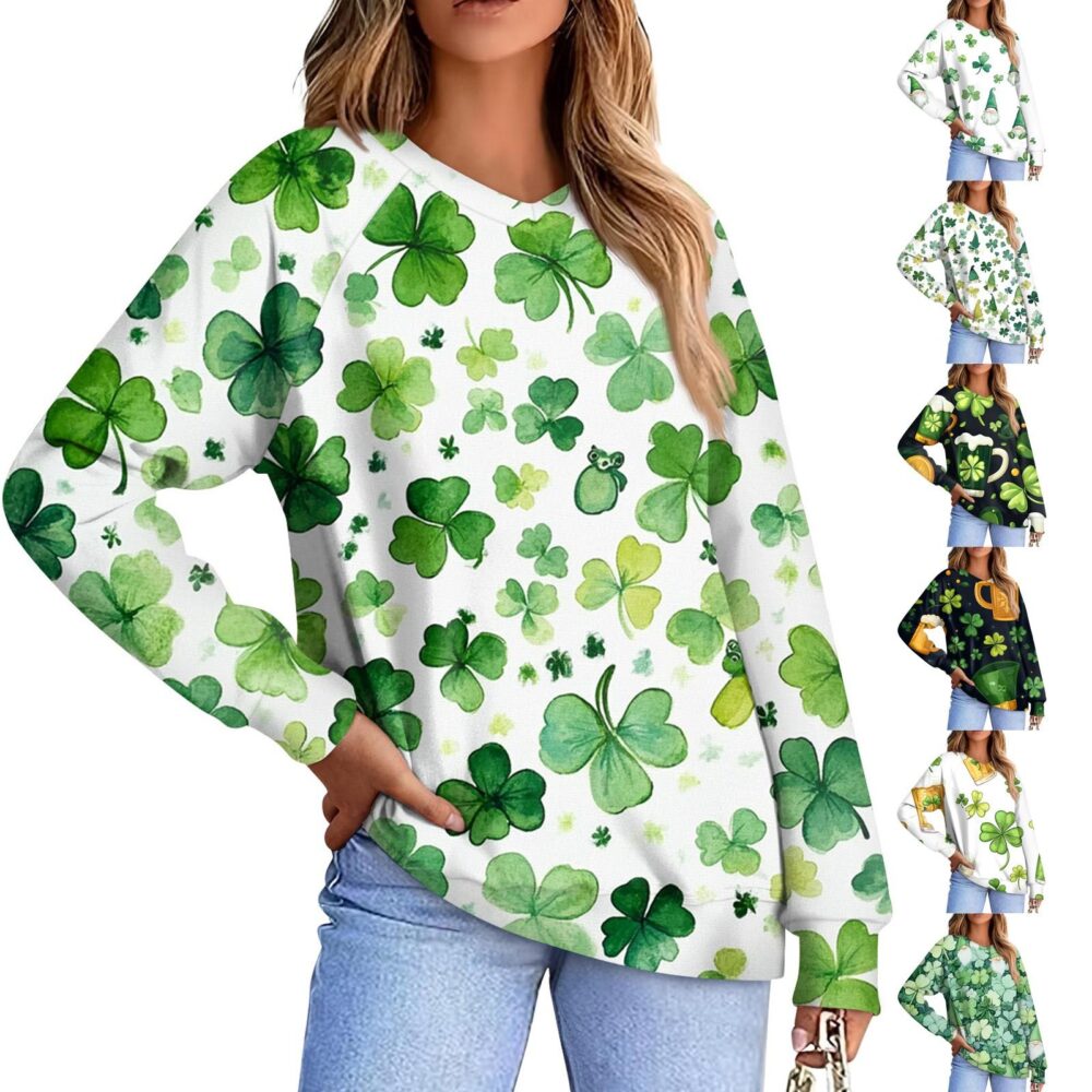 Women's Casual Fashion Comfort Cuff V-neck St. Patrick's Day Print Pullover Hoodie L kolor zielono-szary wojskowy