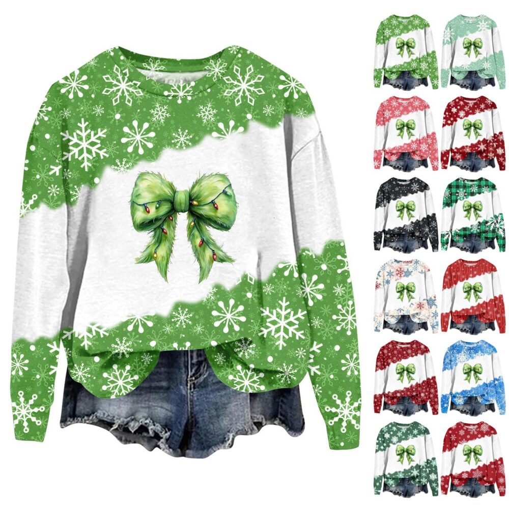 Women's Fashion Christmas  Printed Long Sleeve Loose Round Neck Sweatshirt Top Fall L czarny