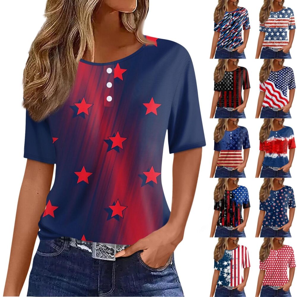 Women's T Shirt Tee Independence Day Print Button Short Sleeve Daily Weekend Fashion Basic Round Neck Regular Top XXXL niebieski