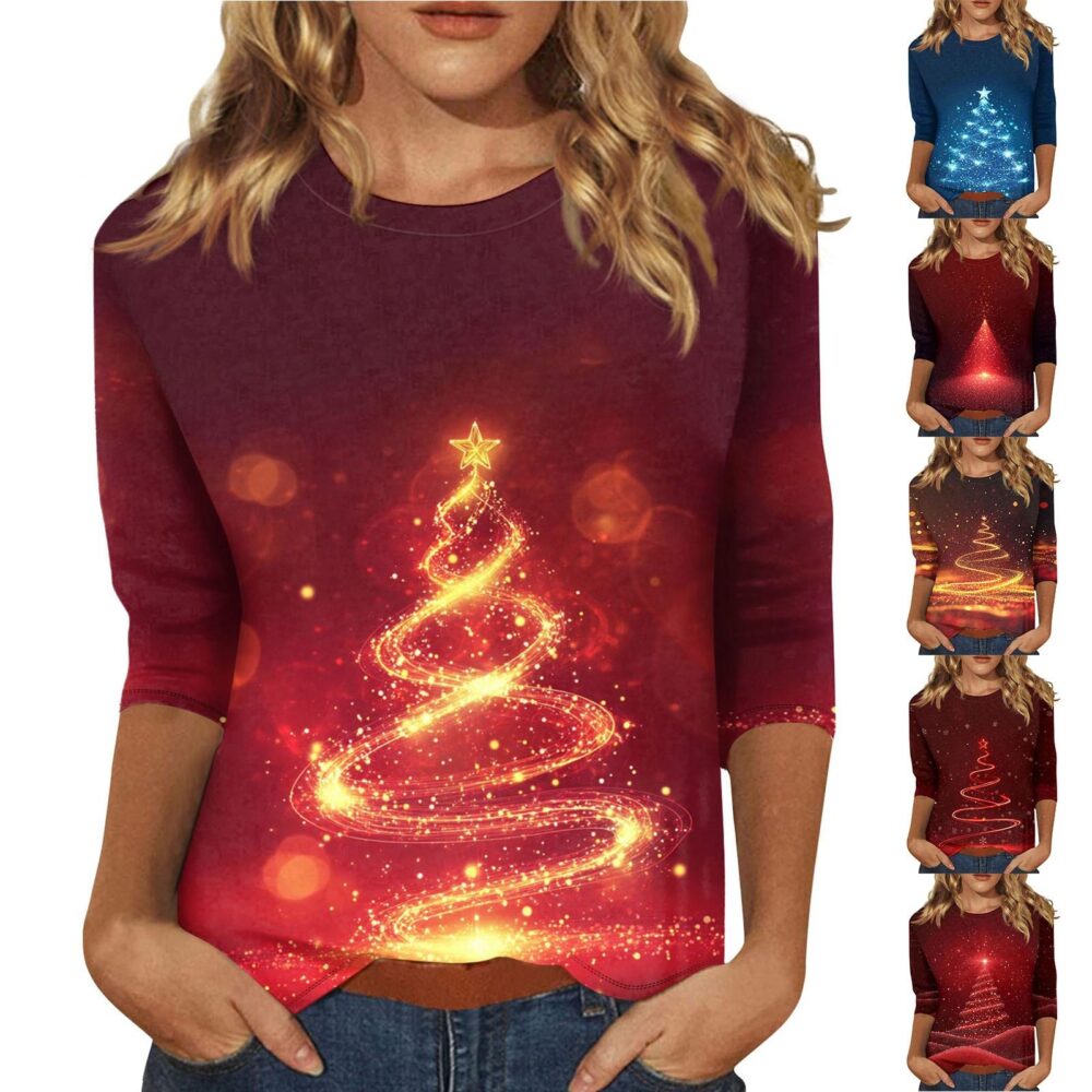Women's O-Neck 3/4 Sleeve Christmas Print Top S niebieski